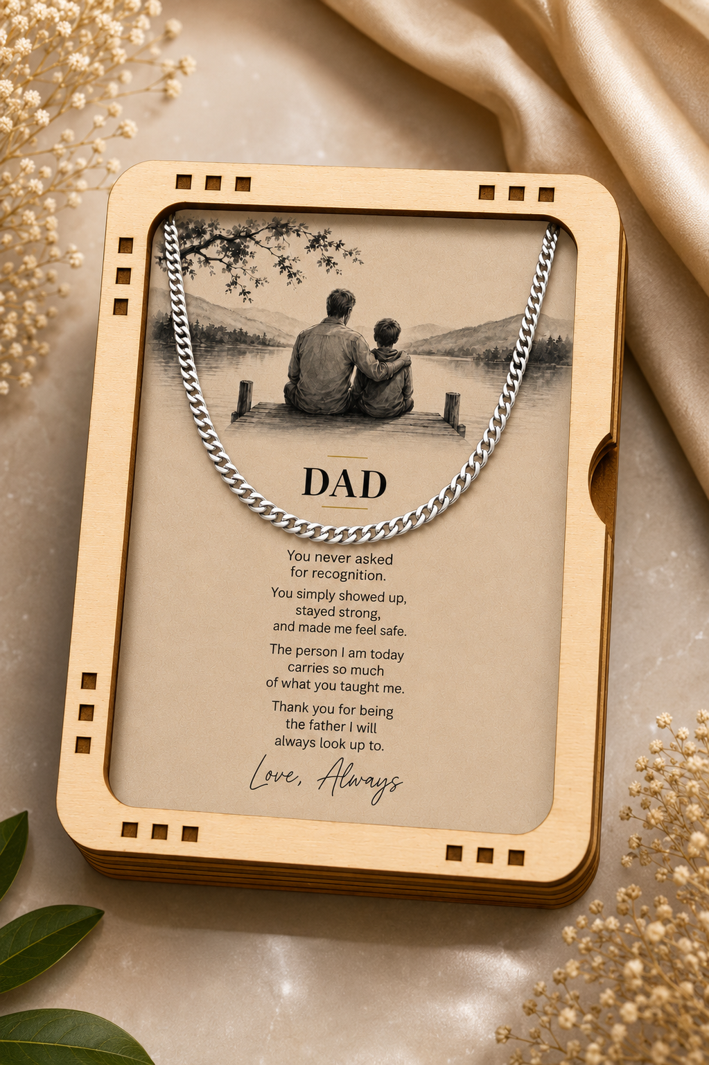 A wooden keepsake box with a hinged lid, featuring a printed memorial card for Dad with a photo of a father and child, a silver chain, and a poem. The box is styled on a beige satin fabric with dried flowers.