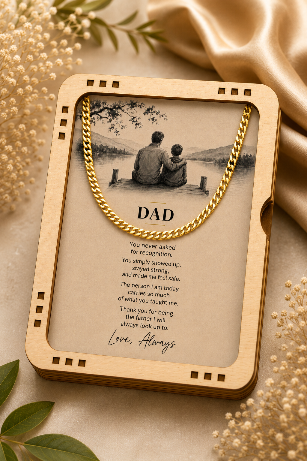 A wooden keepsake box with a photo frame and engraved message for Dad, styled with a gold chain, cream flowers, and satin fabric.