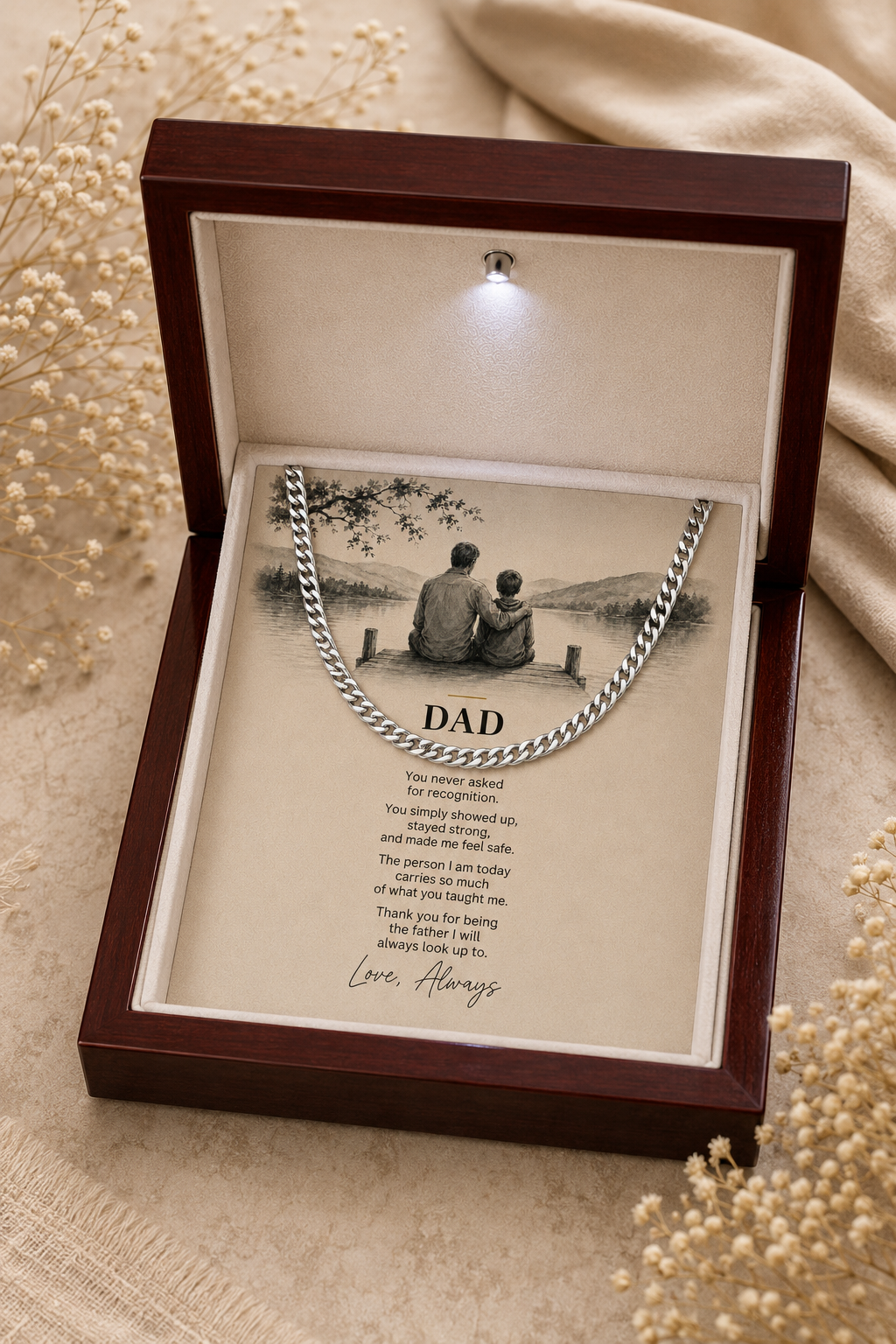 An open dark wood gift box with a built-in light, displaying a silver chain necklace over a printed sentimental card addressed 'DAD.' The box sits on a beige fabric surface with dried flowers around it.