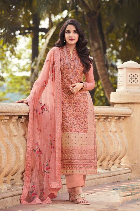 Peach salwar kameez front view with embroidered detailing