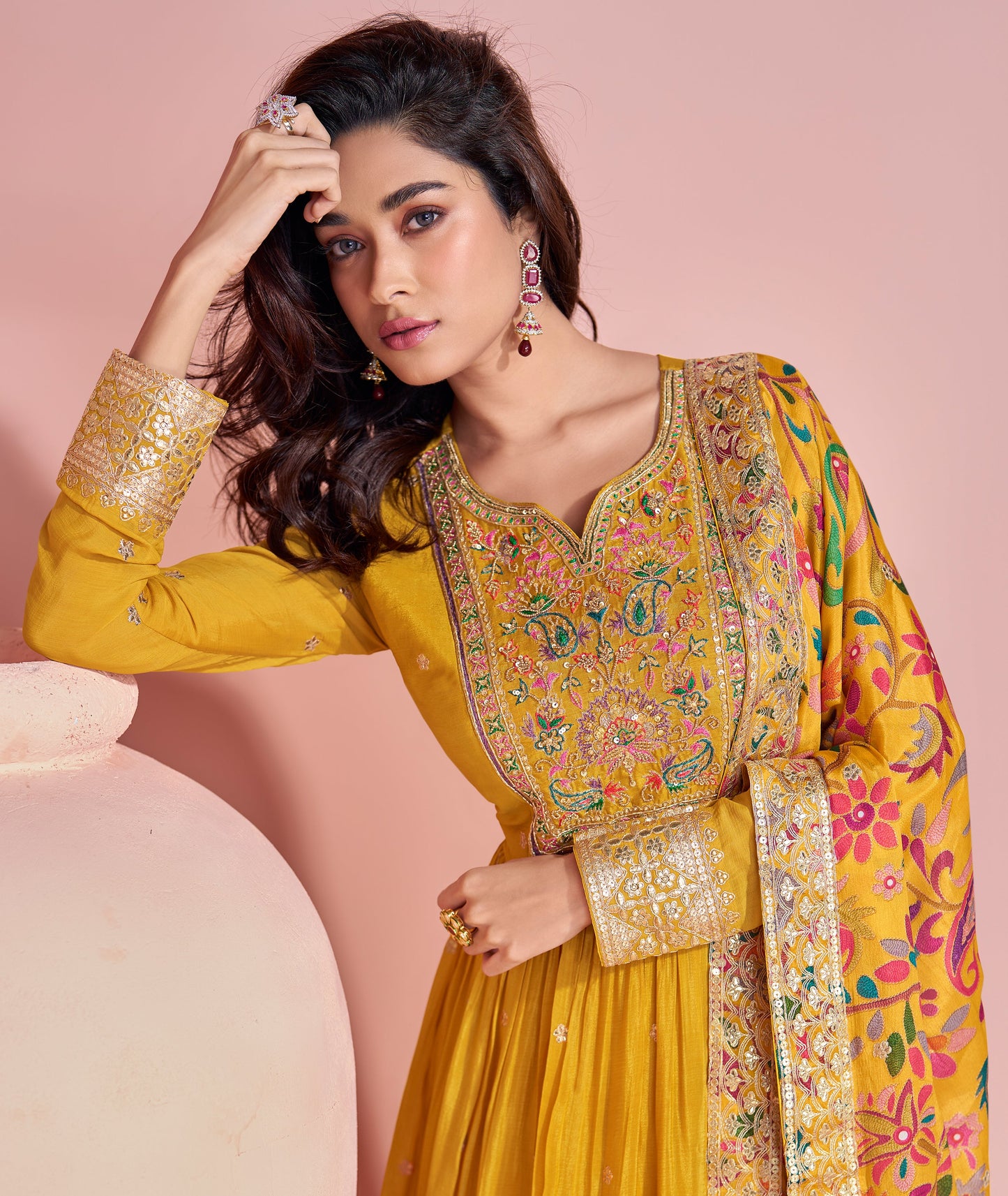Indian Chinon Women's Wear Long Anarkali Gown for Haldi with Printed Dupatta Suit
