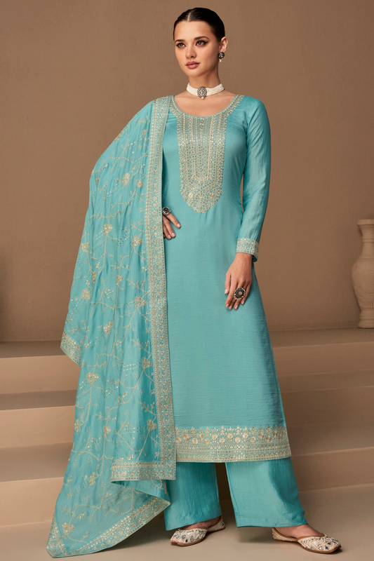 Cyan blue salwar kameez women full outfit front view