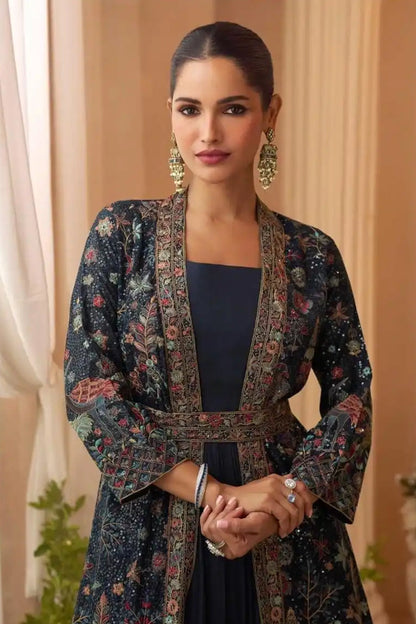 Blue Trendy Jacket Style Wedding Look Anarkali Suit