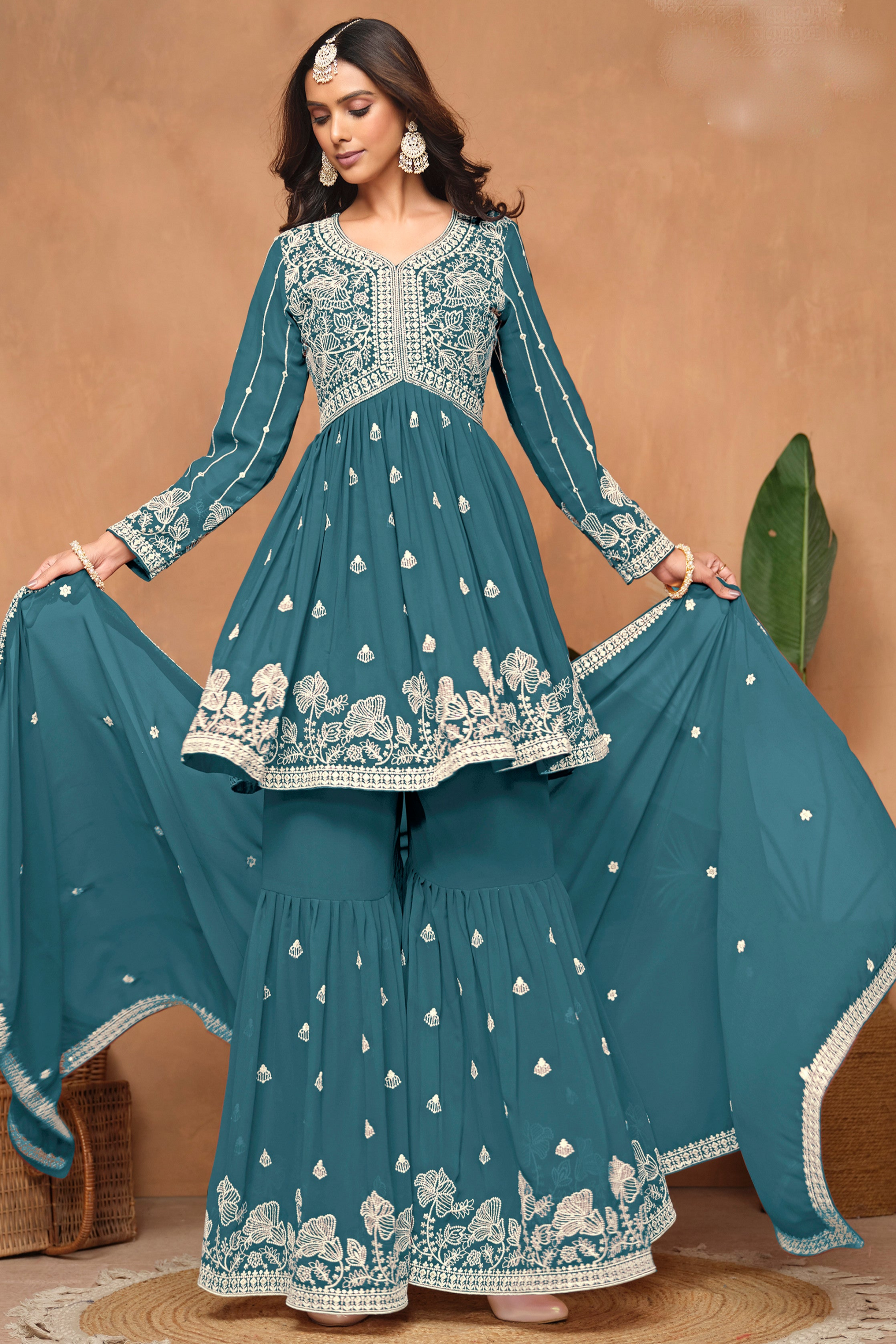 Stylish Sharara With Dupatta Kurti Embroidered Worked Suit