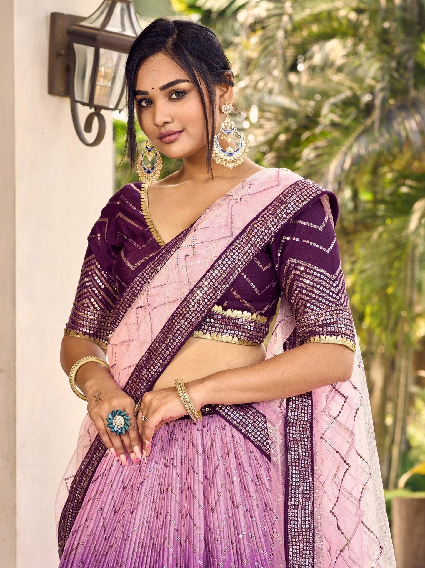Purple chinon lehenga with multi embroidery Indian style USA