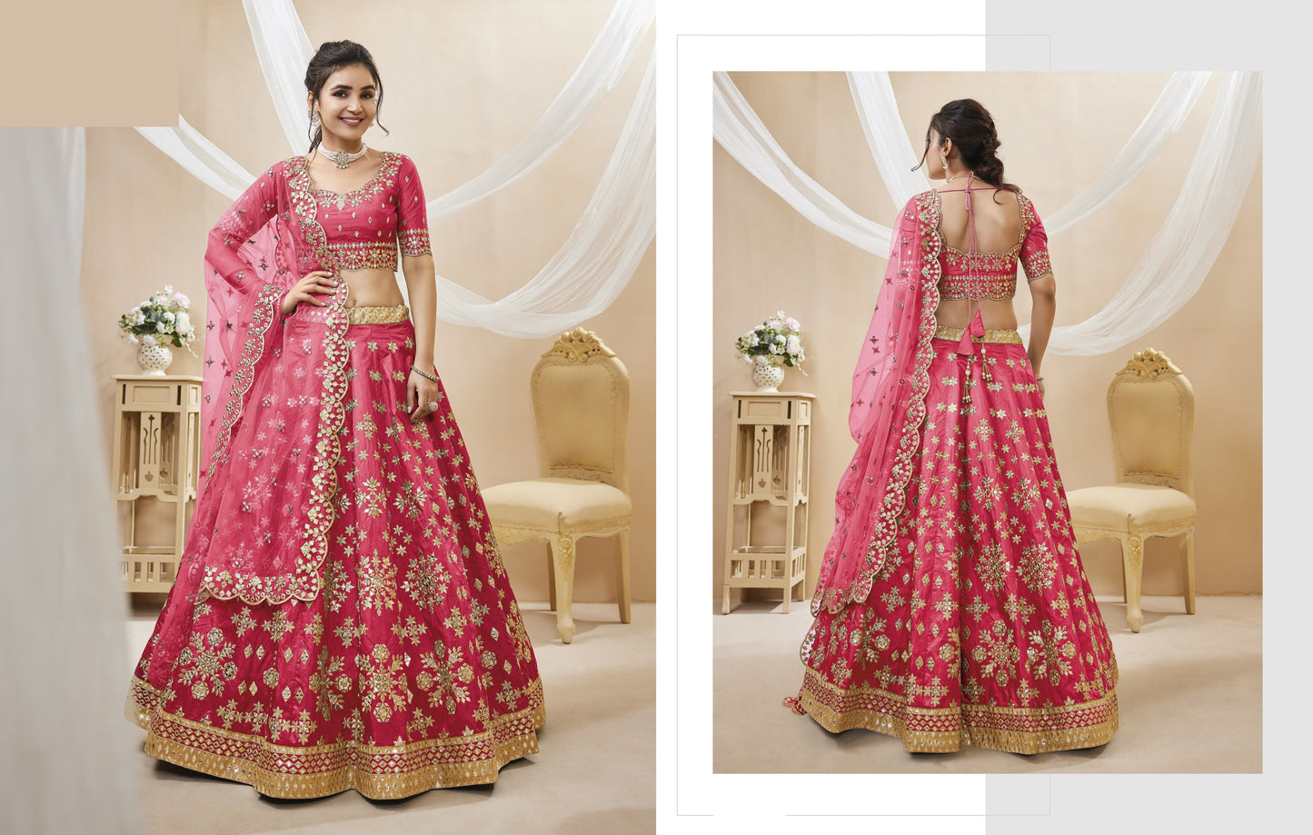 Pink bridal lehenga choli with embroidery for wedding reception.