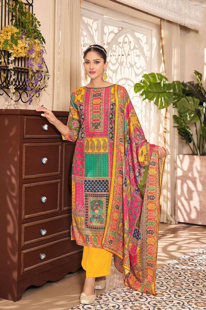 Premium yellow pure maslin designer embroidery work salwar suit