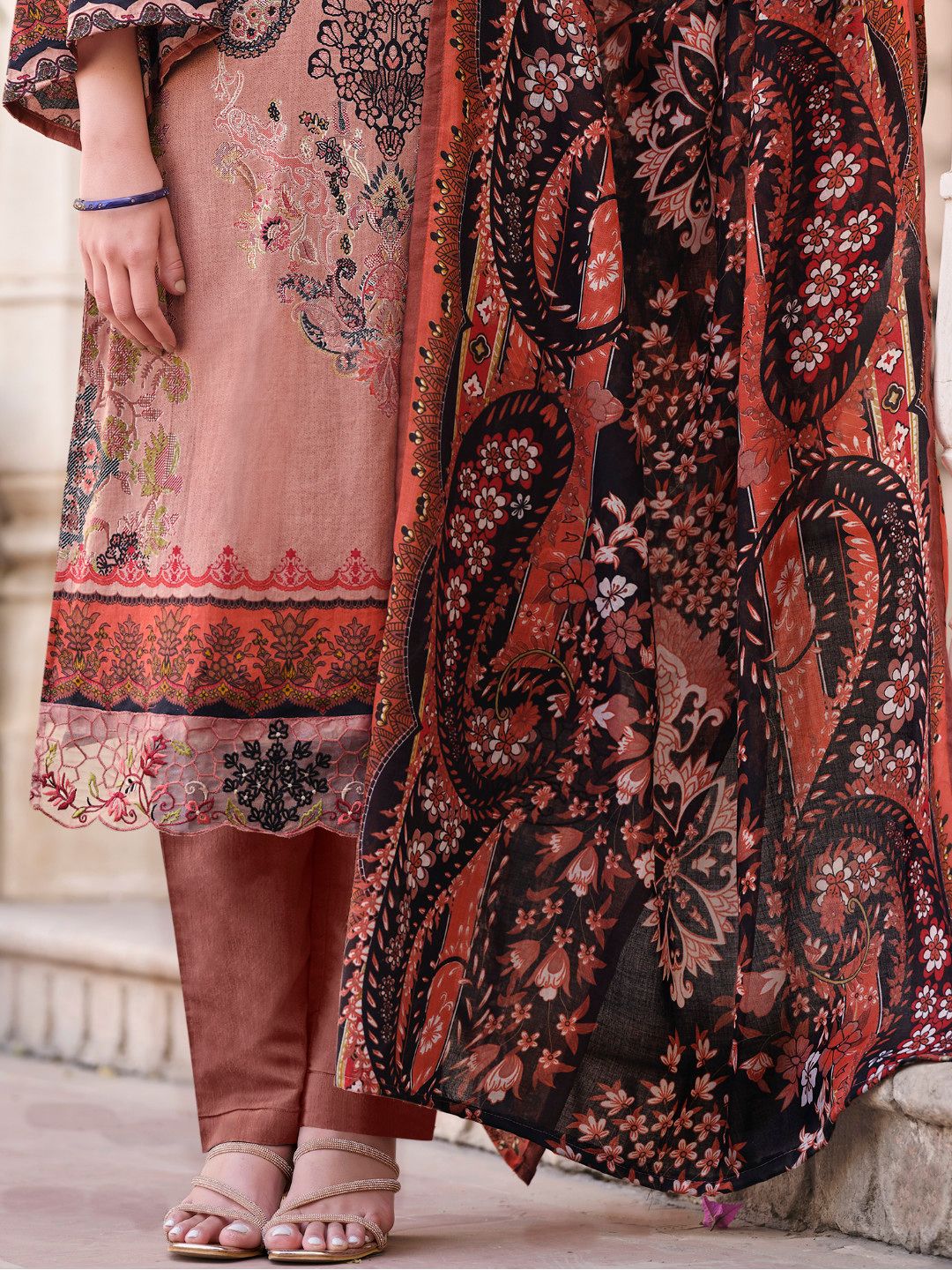 Traditional Pakistani cotton dress in peach with elegant printed dupatta for comfortable wear
