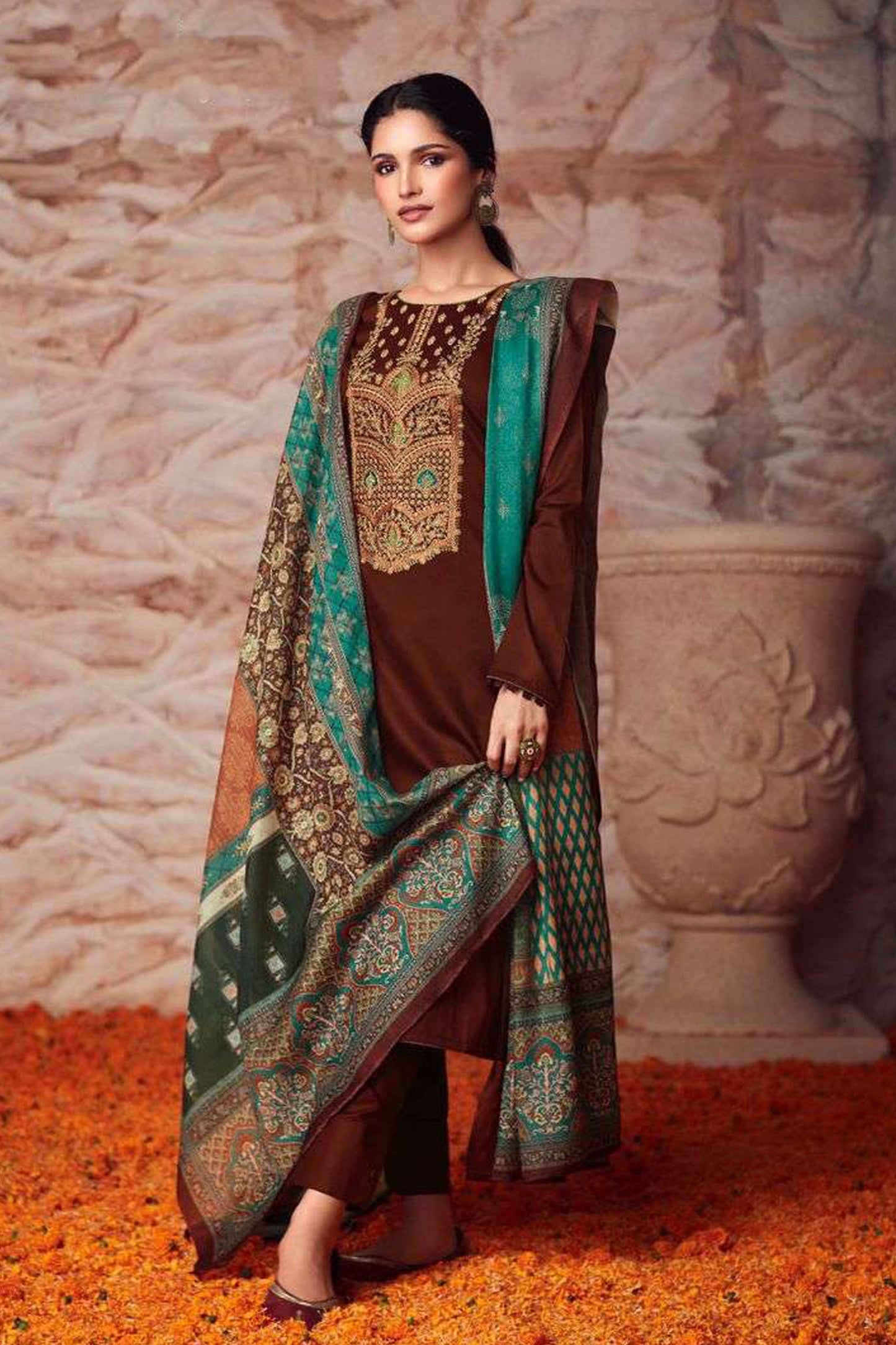 Brown salwar kameez with coding embroidery work - front view designer Pakistani Indian suit with dupatta