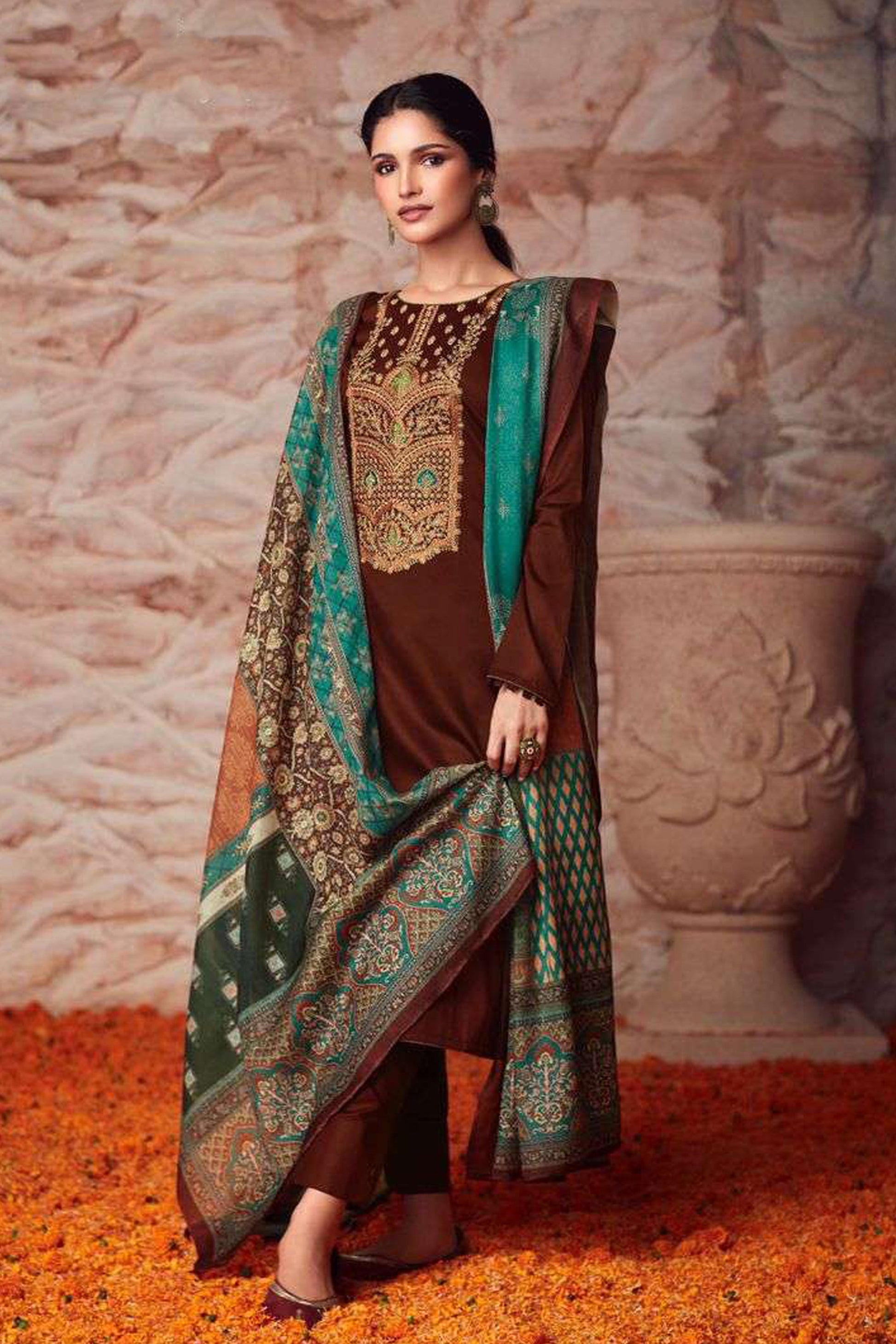 Brown salwar kameez with coding embroidery work - front view designer Pakistani Indian suit with dupatta