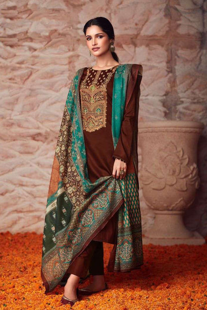 Brown salwar kameez with coding embroidery work - front view designer Pakistani Indian suit with dupatta
