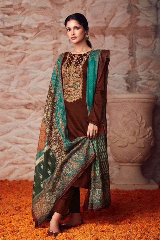 Brown salwar kameez with coding embroidery work - front view designer Pakistani Indian suit with dupatta
