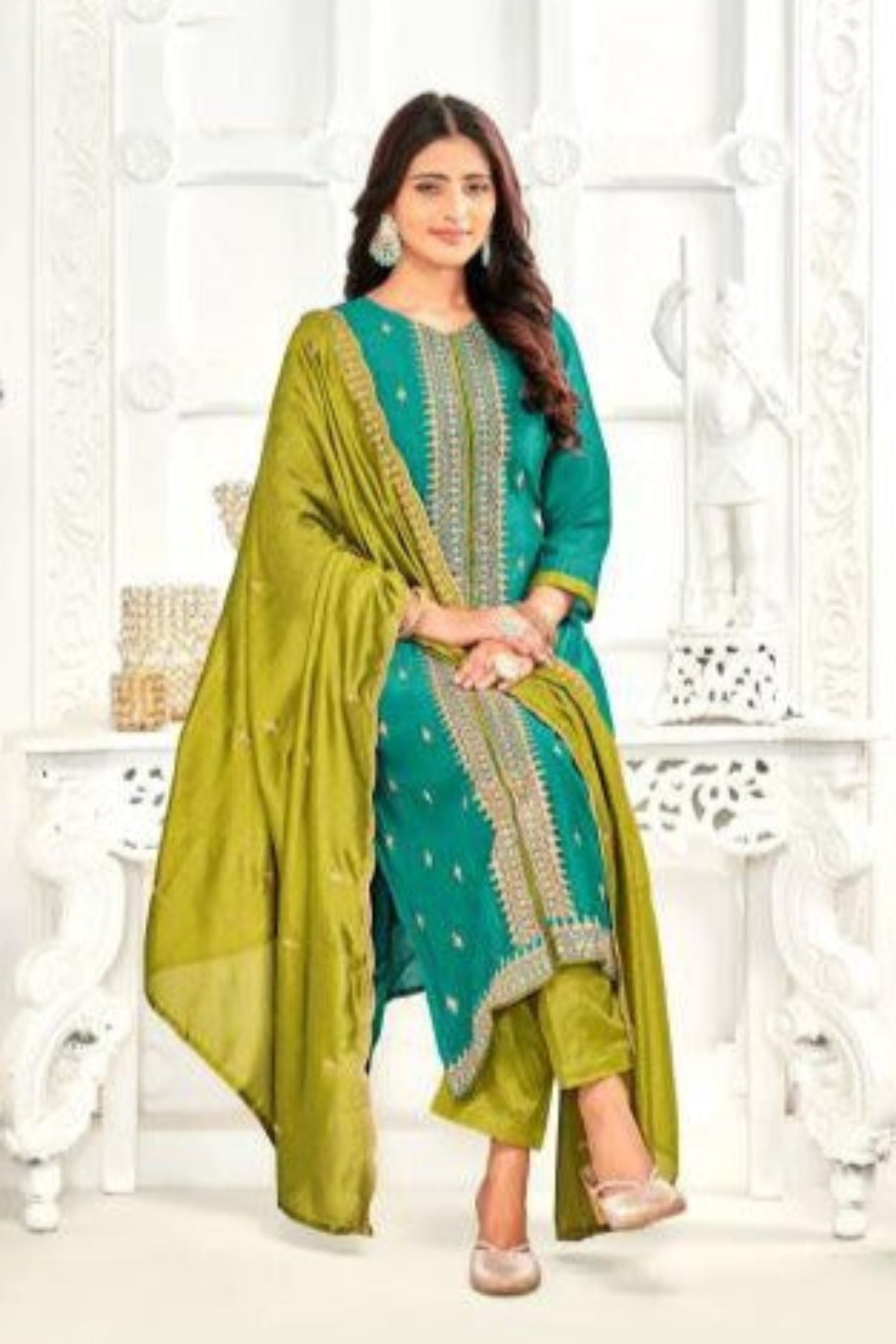 Teal blue cotton outfit with a refreshing and elegant charm, perfect for festive occasions, cultural events, and stylish everyday wear.
