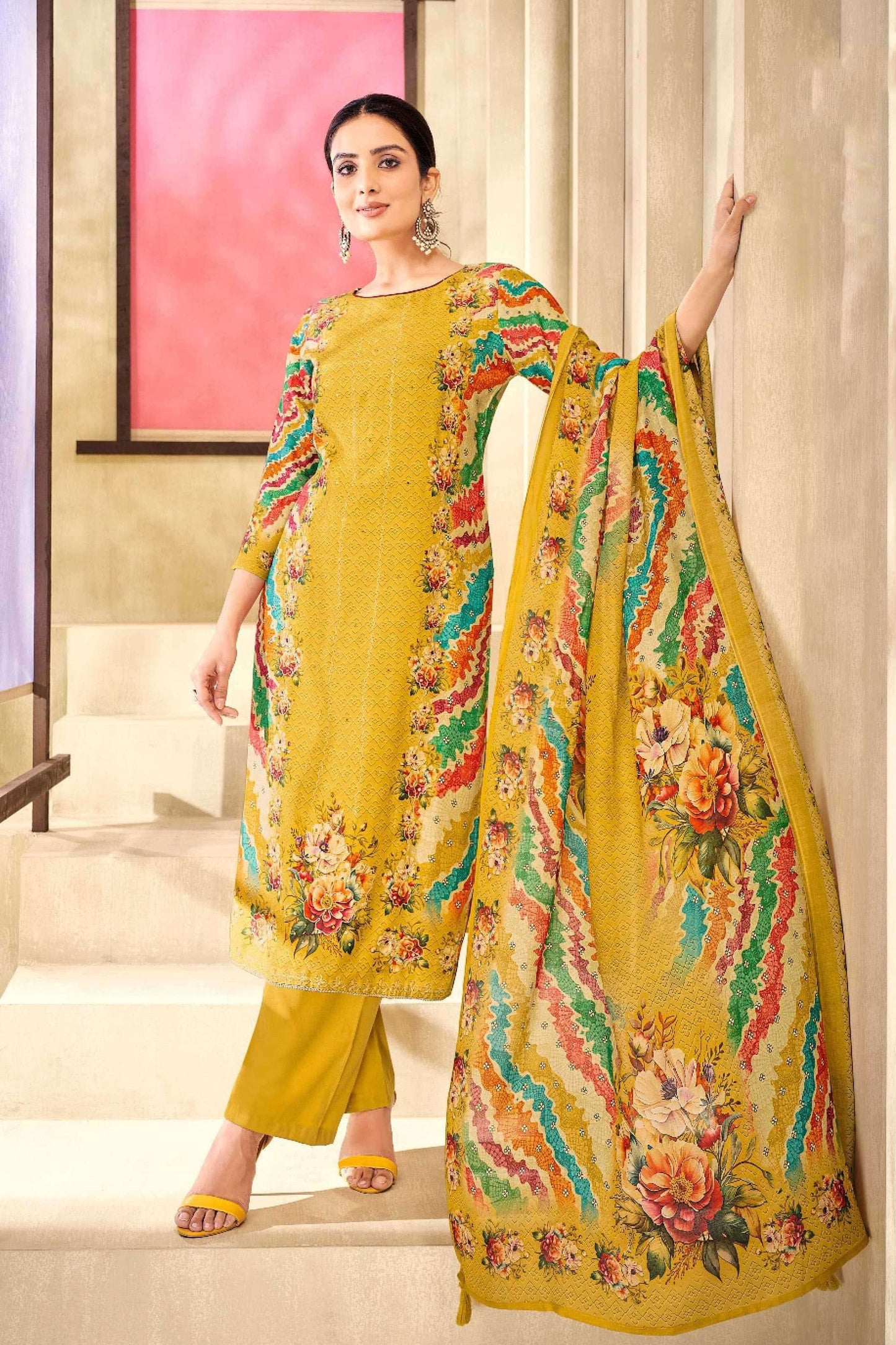 Comfortable yellow cotton outfit with a fresh and bright look, perfect for haldi functions, casual days, and summer wear.
