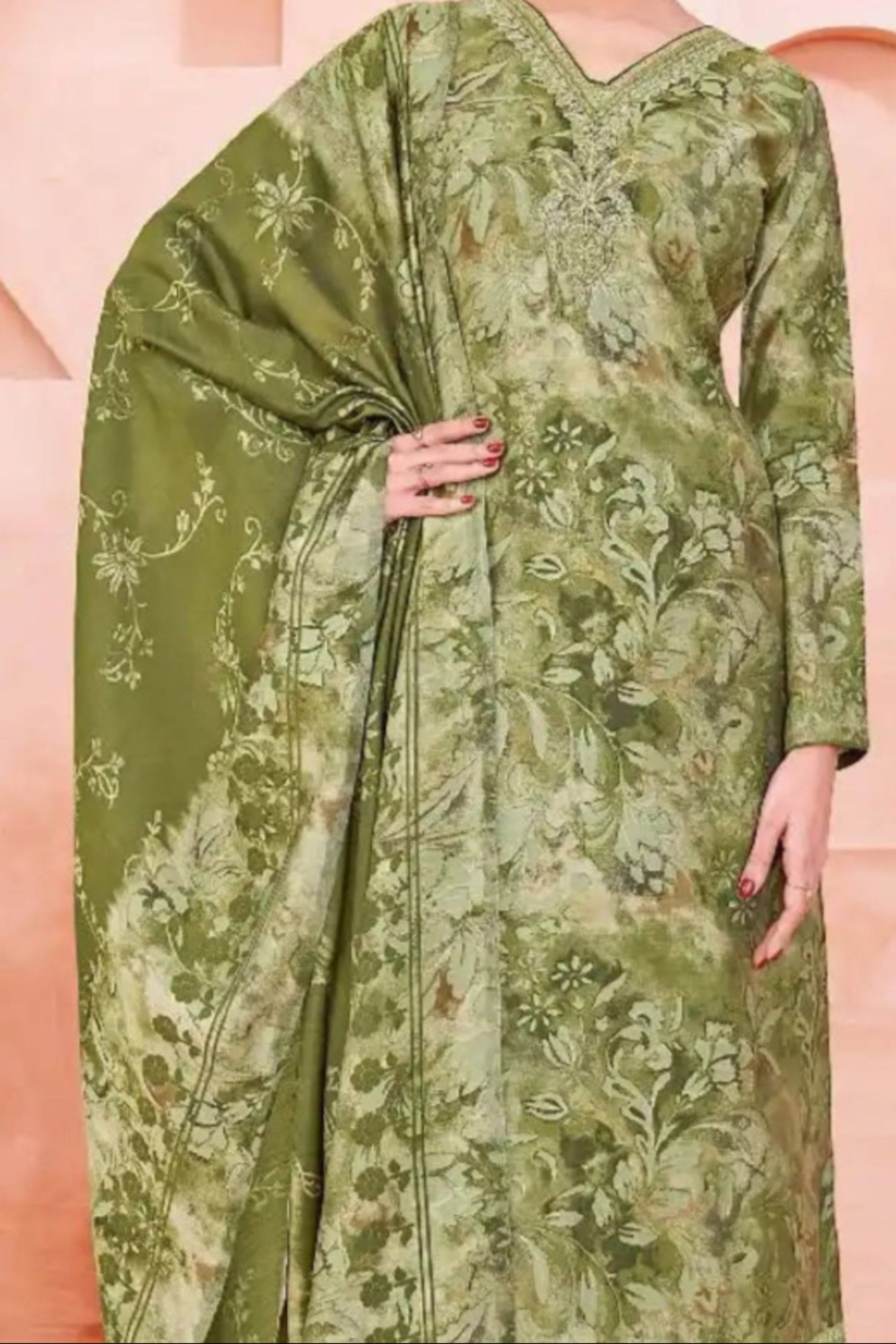 Olive green cotton outfit with a natural and elegant vibe, ideal for daily wear, festive mornings, and relaxed gatherings. 