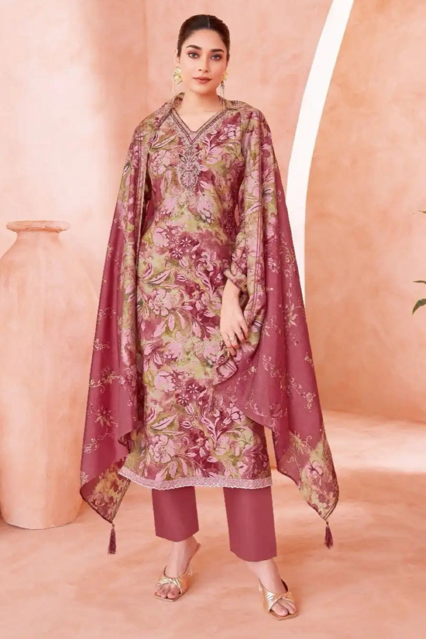 Rose gold cotton outfit with a subtle shimmer and elegant charm, ideal for festive mornings, special occasions, and stylish daywear. 