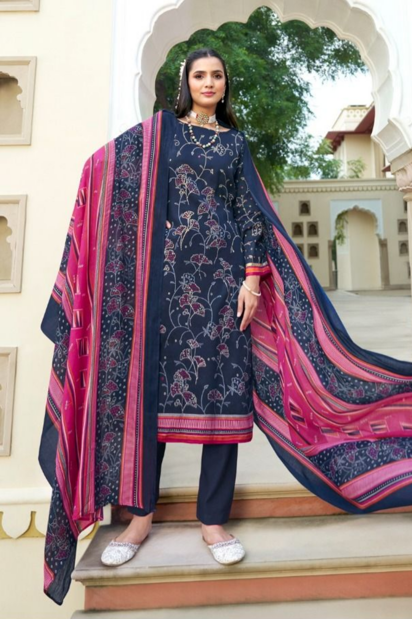 dark blue cotton women dresses with printed foil work
