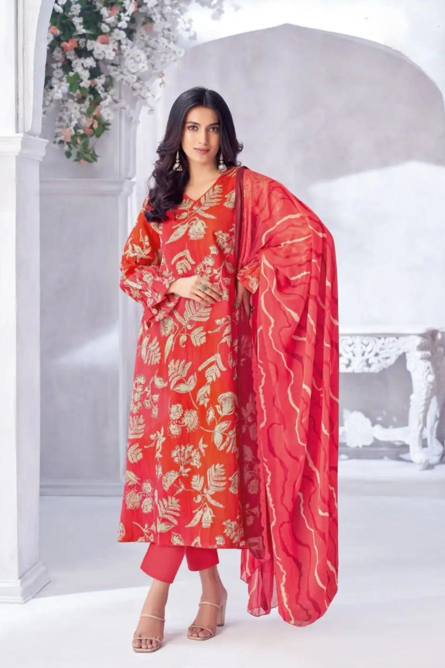 Light red cotton outfit with a soft and cheerful vibe, ideal for casual outings, daytime festivities, and comfortable everyday wear. 