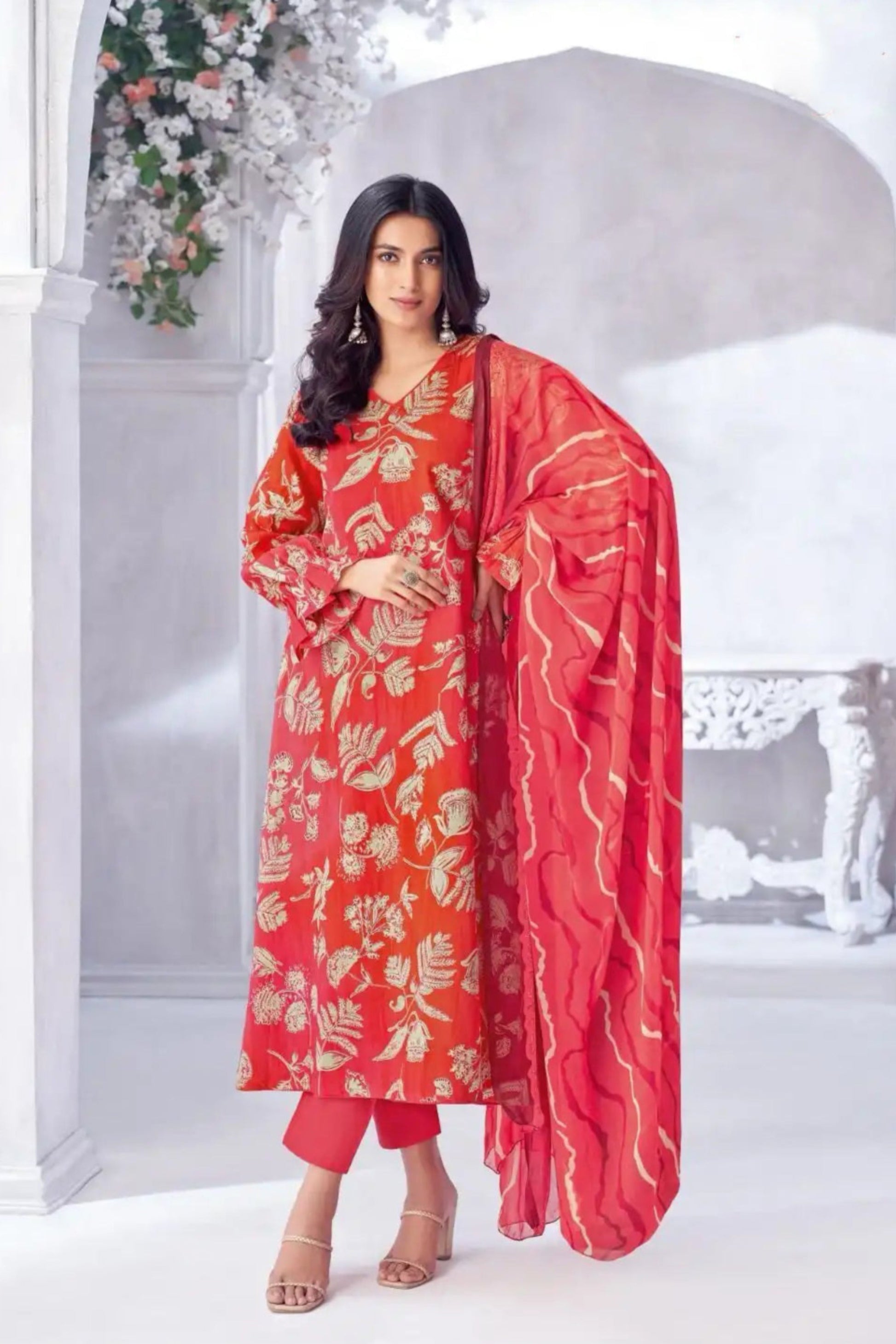 Light red cotton outfit with a soft and cheerful vibe, ideal for casual outings, daytime festivities, and comfortable everyday wear. 