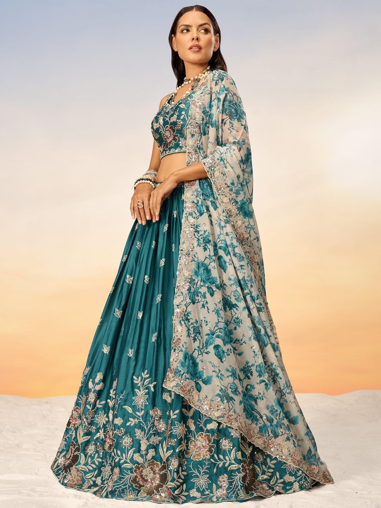 "Stylish lehengas for U.S.-based Indian functions."