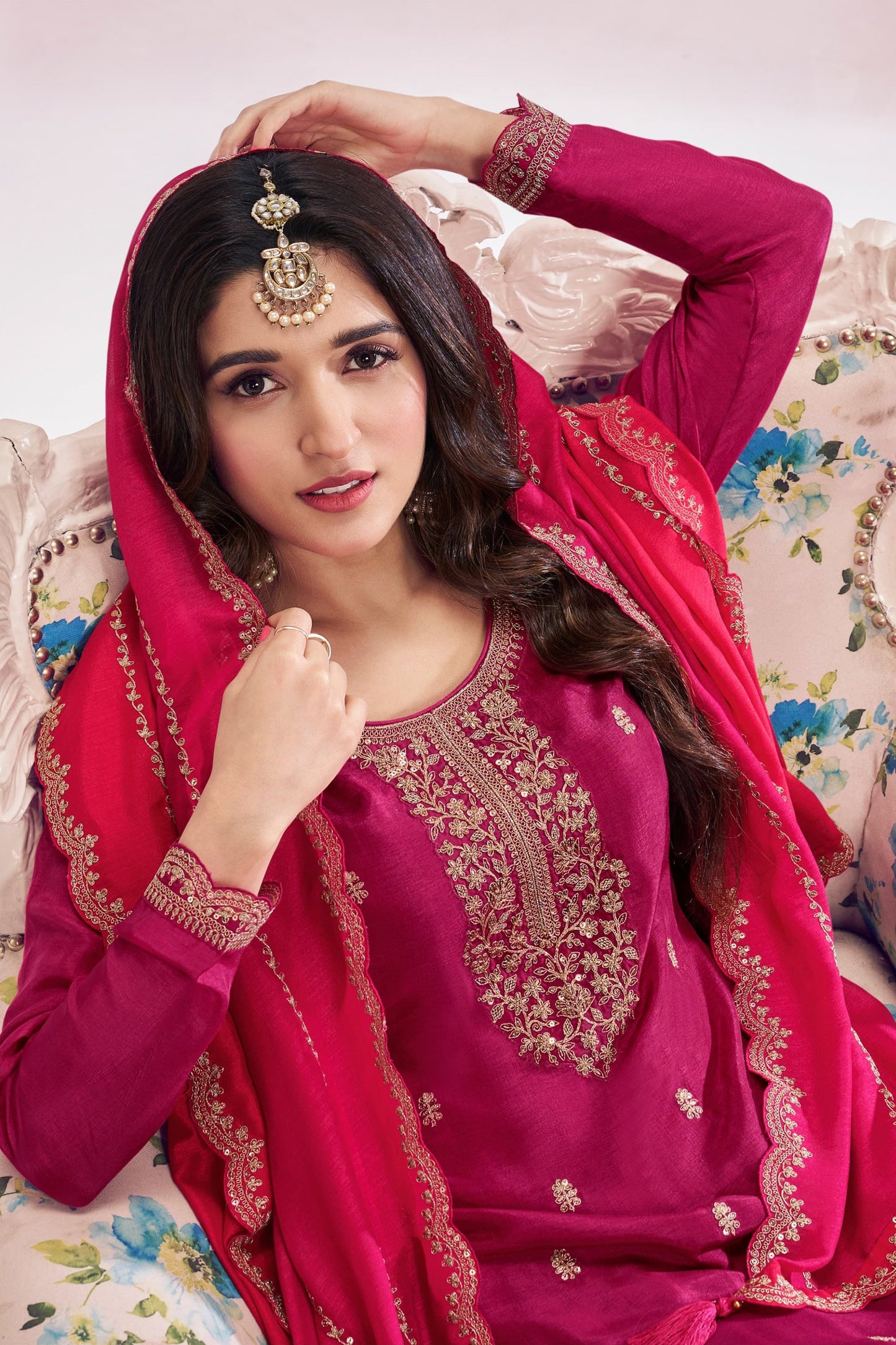 Dark Pink Color Embroidery Work Palazzo Dress With Dupatta Suit for CANADA Women's Wear