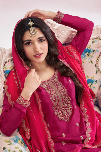 Dark Pink Color Embroidery Work Palazzo Dress With Dupatta Suit for CANADA Women's Wear