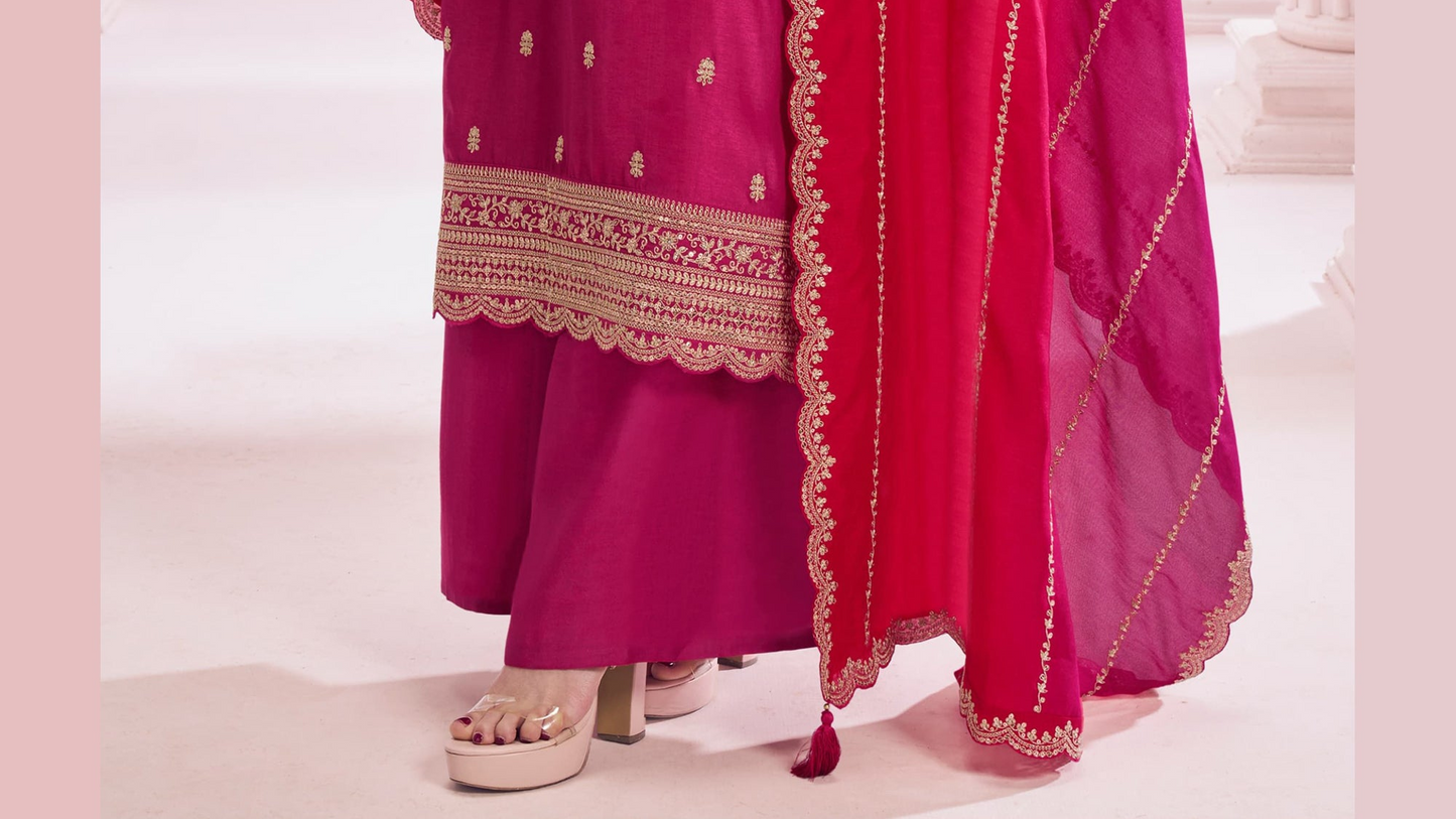 Dark Pink Color Embroidery Work Palazzo Dress With Dupatta Suit for CANADA Women's Wear