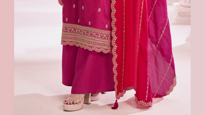 Dark Pink Color Embroidery Work Palazzo Dress With Dupatta Suit for CANADA Women's Wear
