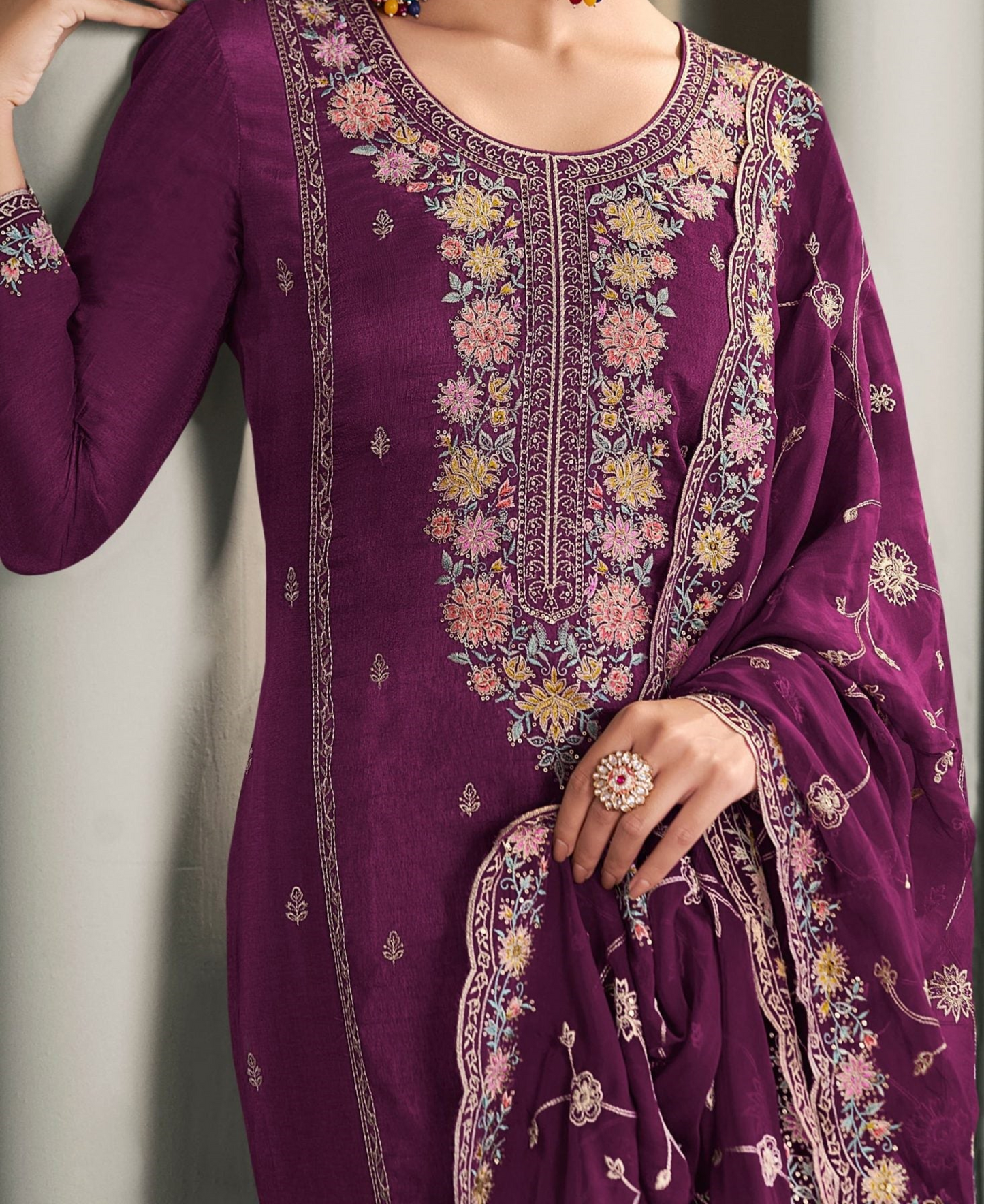 Close-up of moonga silk embroidery thread work
