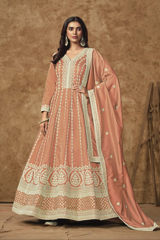 Orange Anarkali Gown for Wedding Party Wear Dupatta Suit for USA Girl's