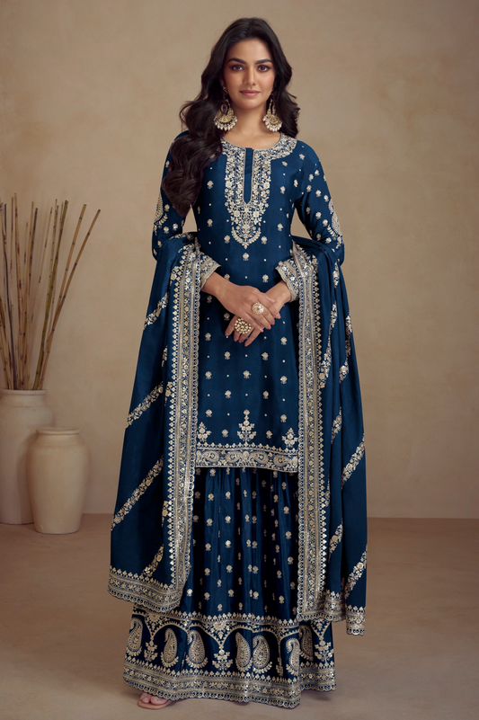 navy blue sharara dress with embroidered detailing 