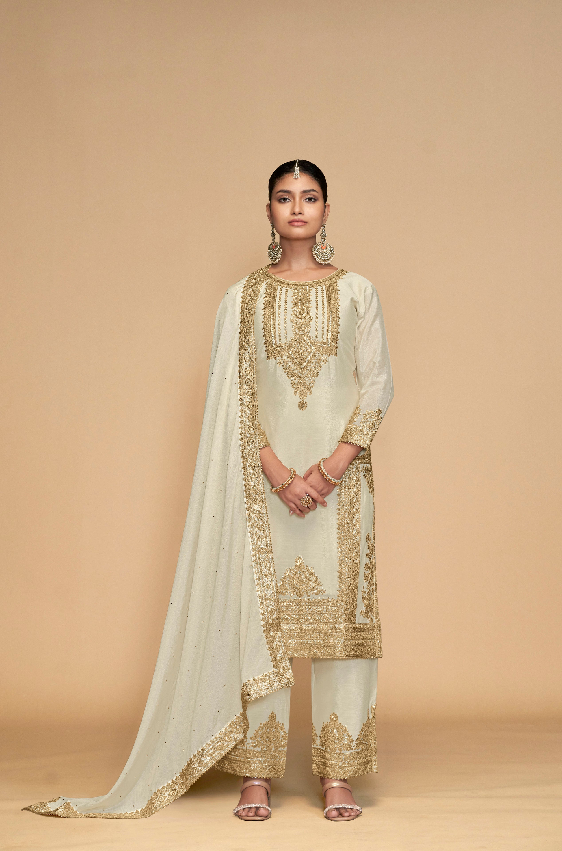 White Embroidered Salwar Kameez Front View 