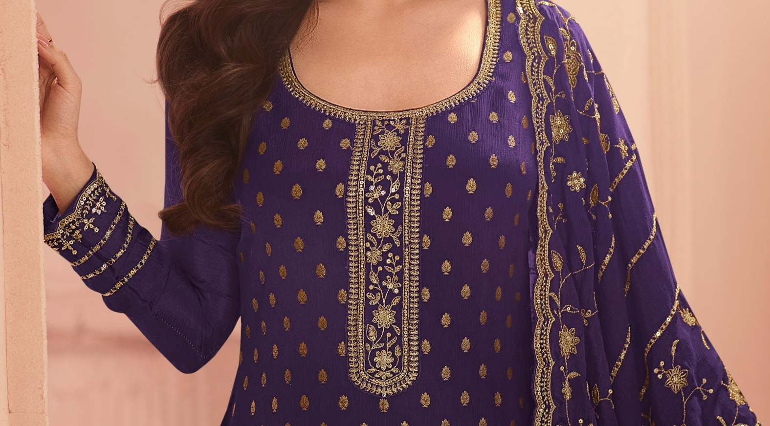 Full-length view of purple salwar outfit