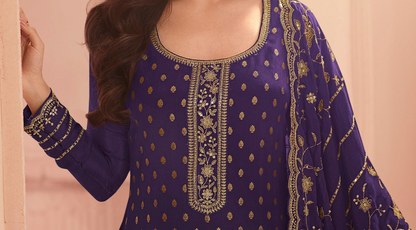 Full-length view of purple salwar outfit