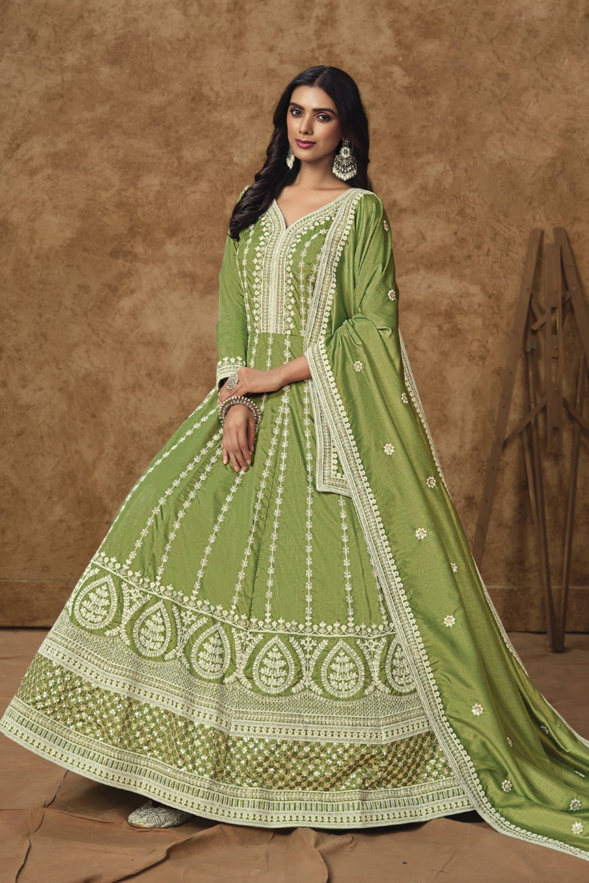 Olive Green Exclusive Anarkali Gown For Wedding Party Wear Suit for USA Women's