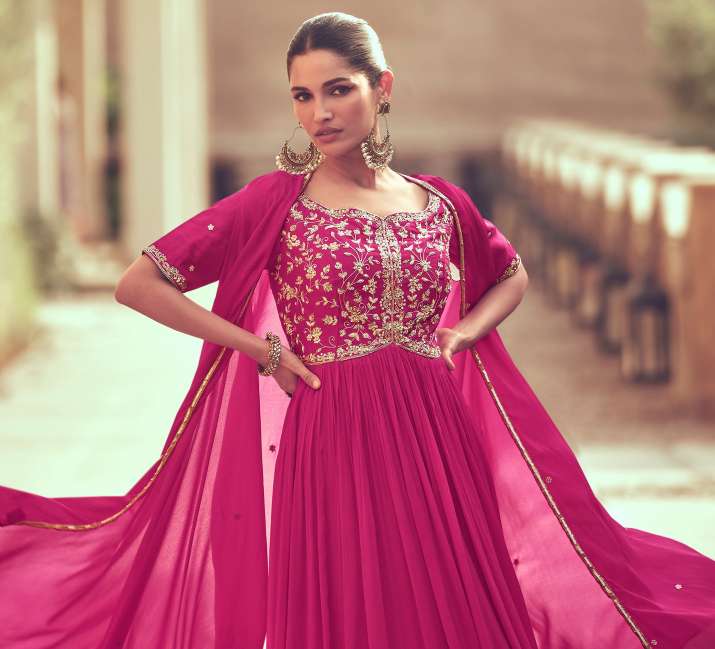 Stylish Eid Party Full-Length Chinon Silk Pink Anarkali Gown With Dupatta Suit