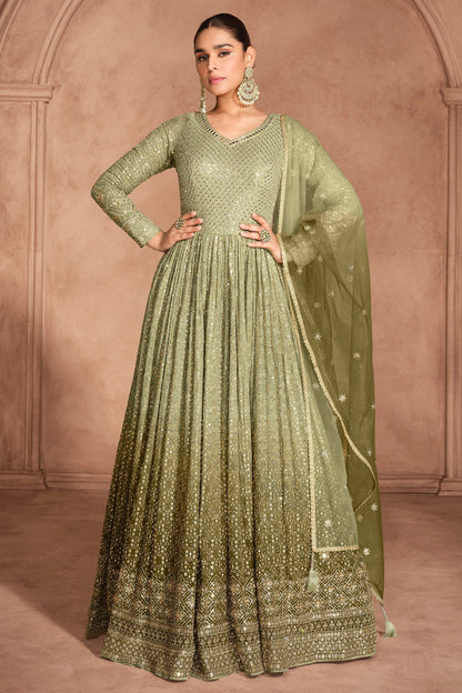 Green Anarkali Suit For Embroidered Worked With Gorgettle Dupatta Gown