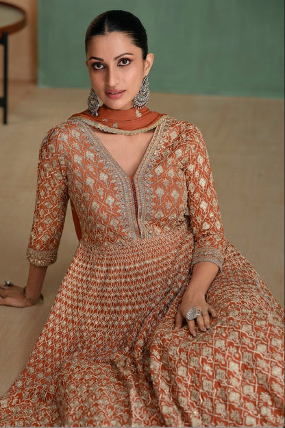 Orange Anarkali Suit Chinon Silk for Party Wear Dupatta Dresses for Canada Women's 