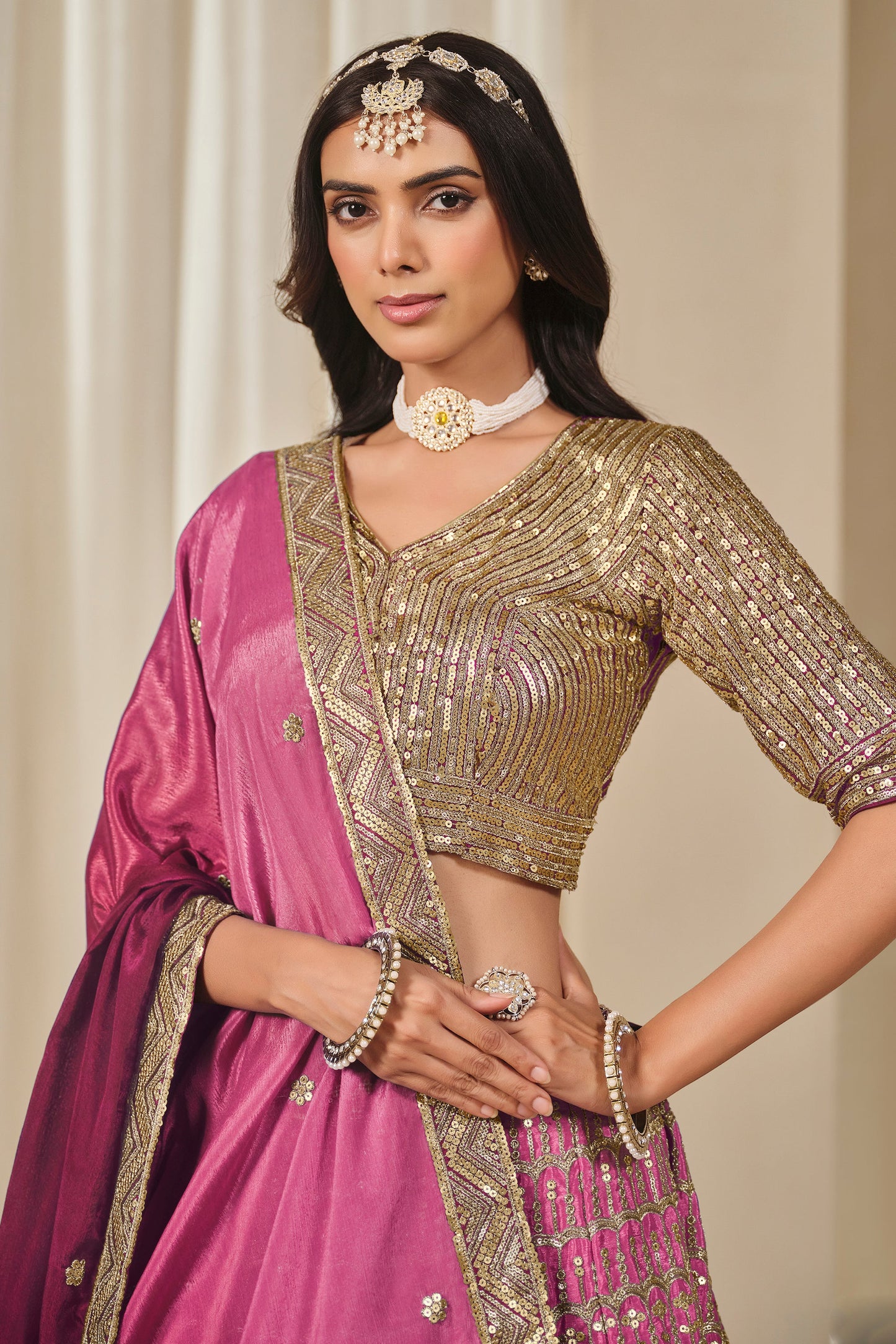 Elegant Pakistani Style Embroidered Work Chinon Silk Lehenga Choli
