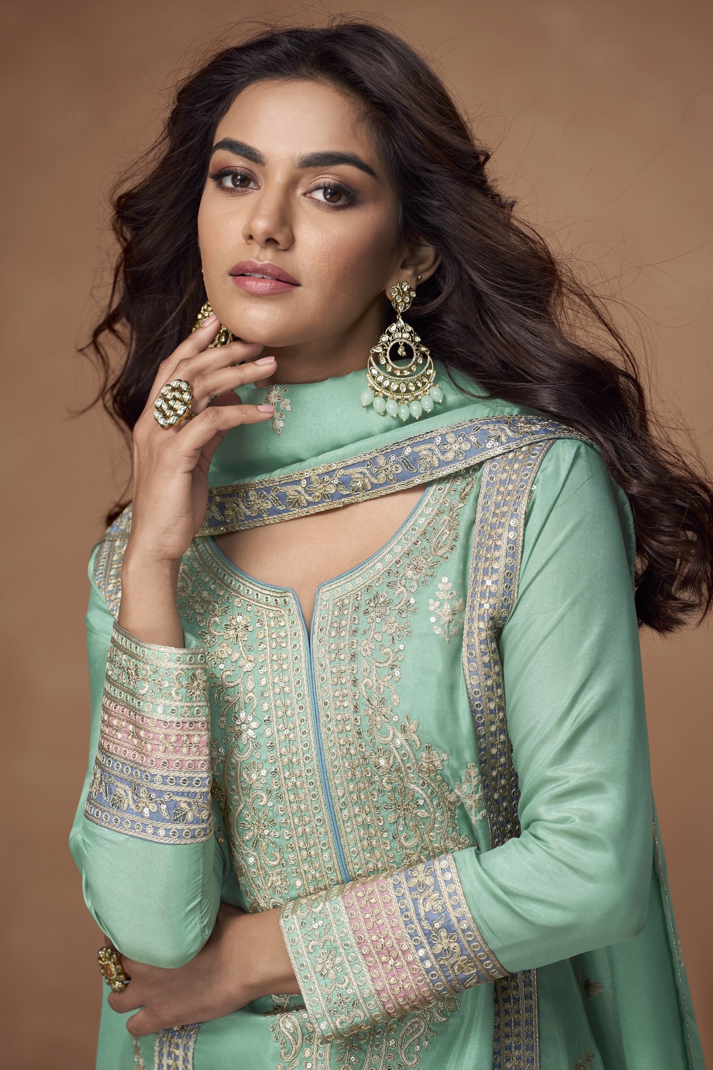 Pista Green Designer Traditional Look Palazzo 