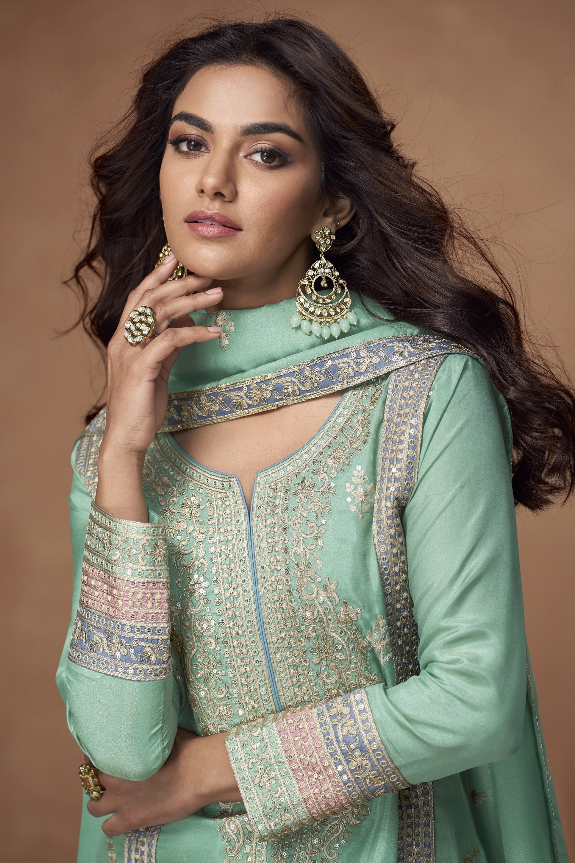 Pista Green Designer Traditional Look Palazzo 