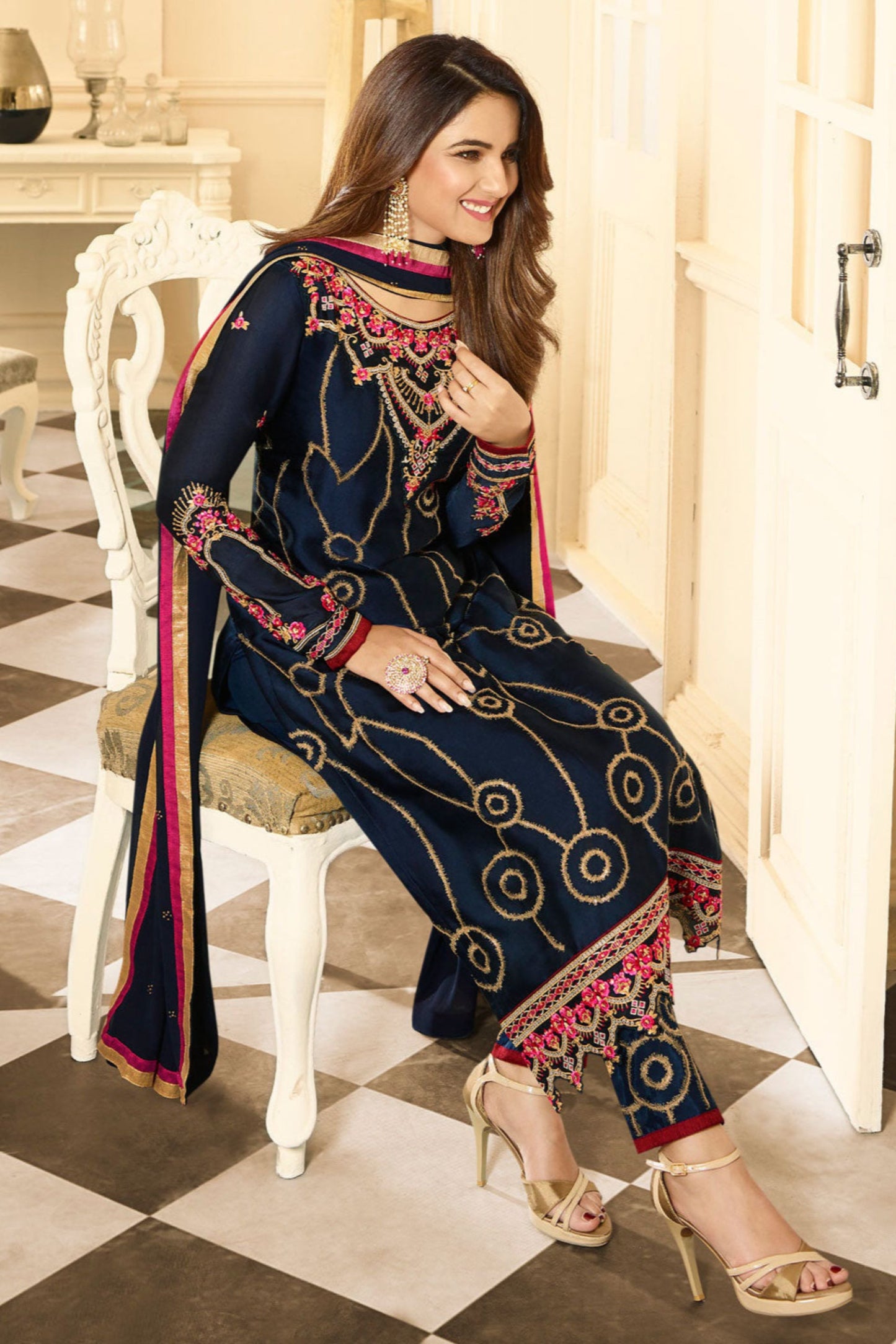 embroidered indian kameez shalwar outfit navy blue fabric