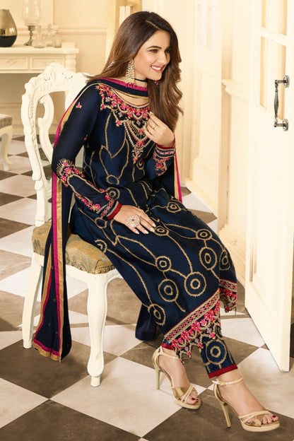 embroidered indian kameez shalwar outfit navy blue fabric
