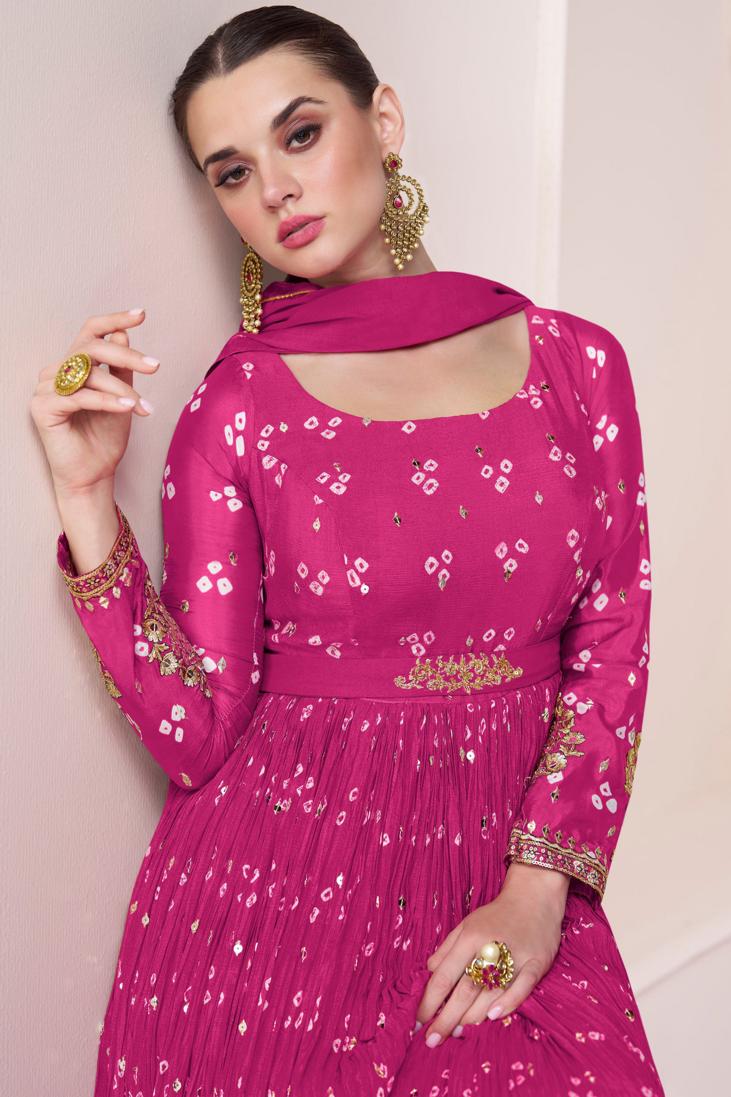 Pink Wedding Anarkali Dupatta Gown With Heavy Embroidery Work For Indian Party Suit