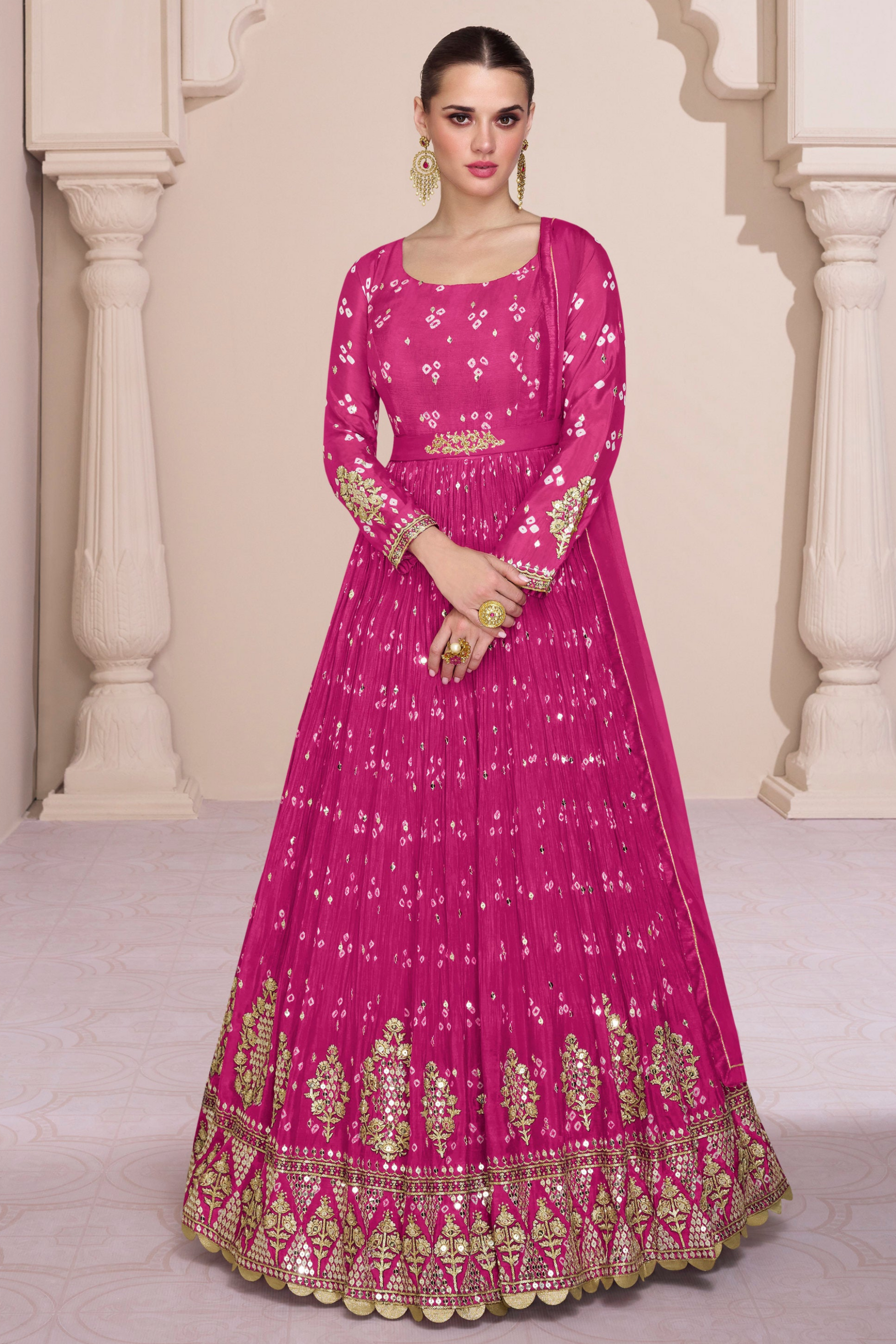 Pink Wedding Anarkali Dupatta Gown With Heavy Embroidery Work For Indian Party Suit