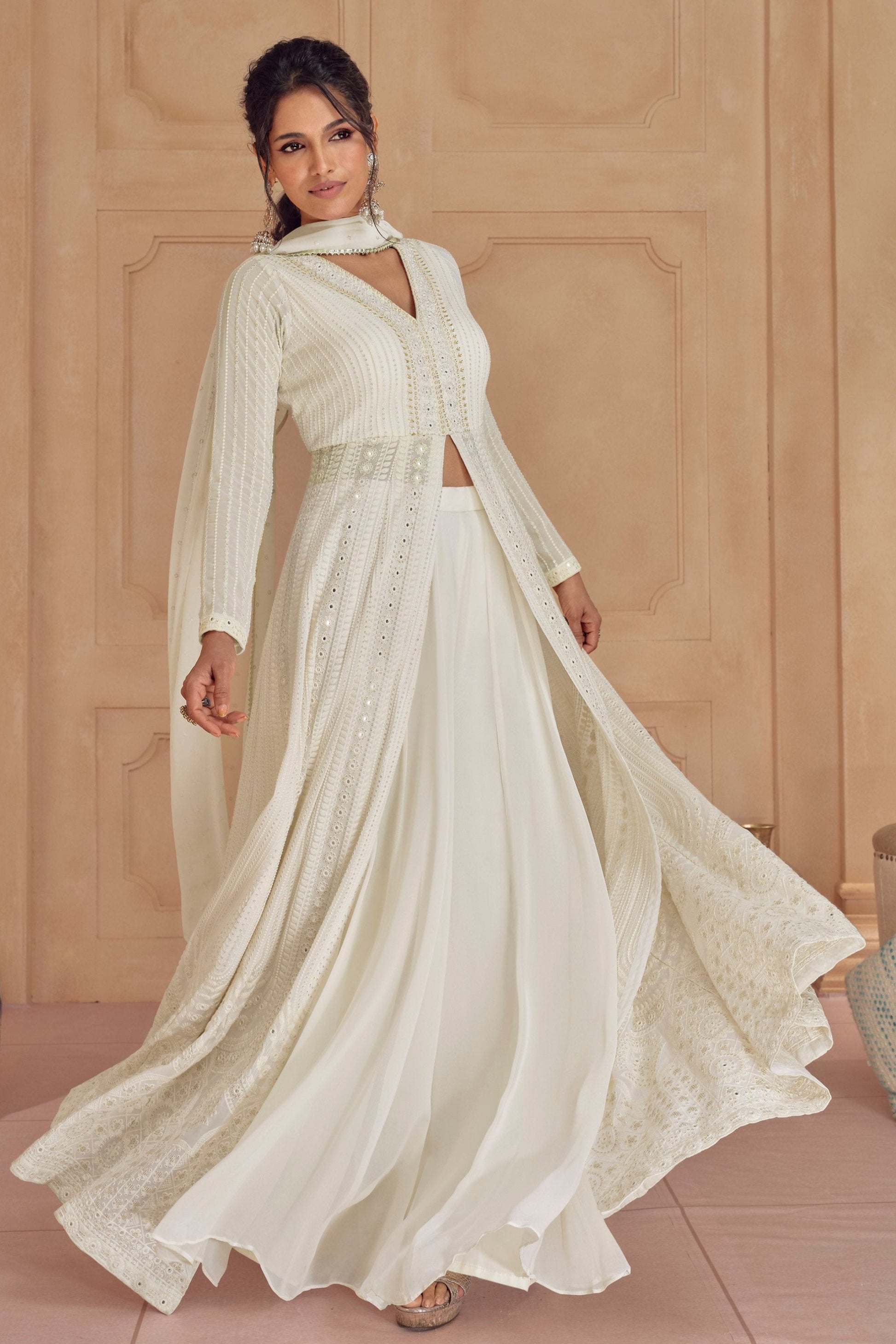 White Real Georgette Anarkali Plazzo Suits For Eid-Ramadan Special Gown Suits 