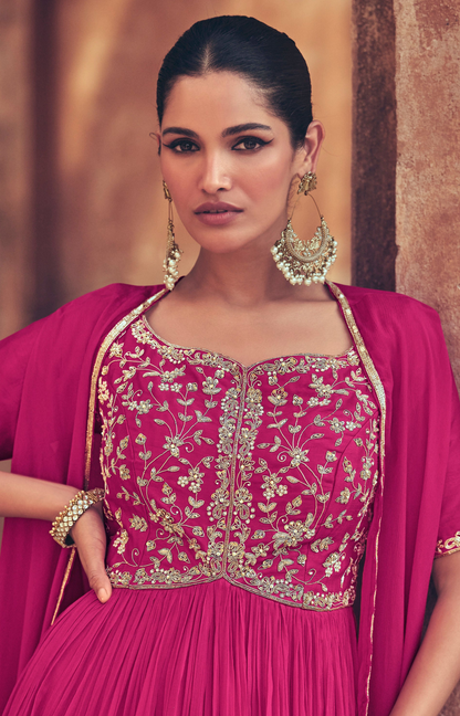 Stylish Eid Party Full-Length Chinon Silk Pink Anarkali Gown With Dupatta Suit