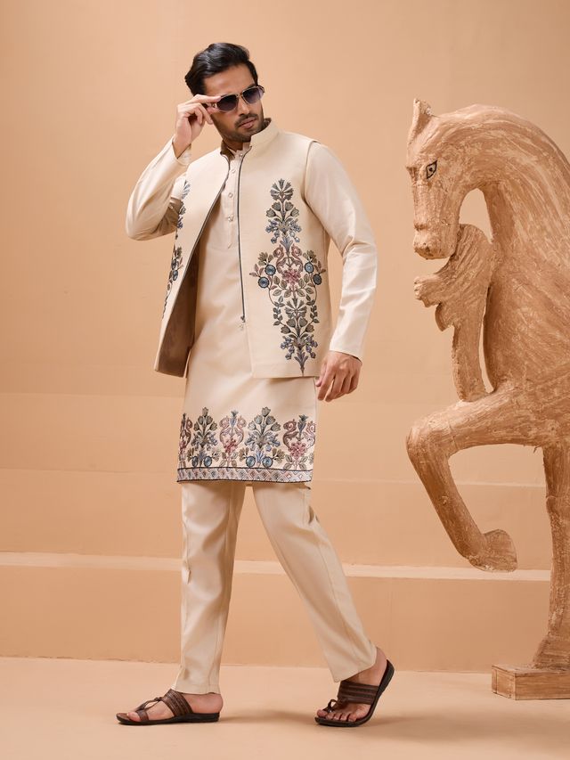 Mens Wear Kurta In Beige Premium Festive Styling