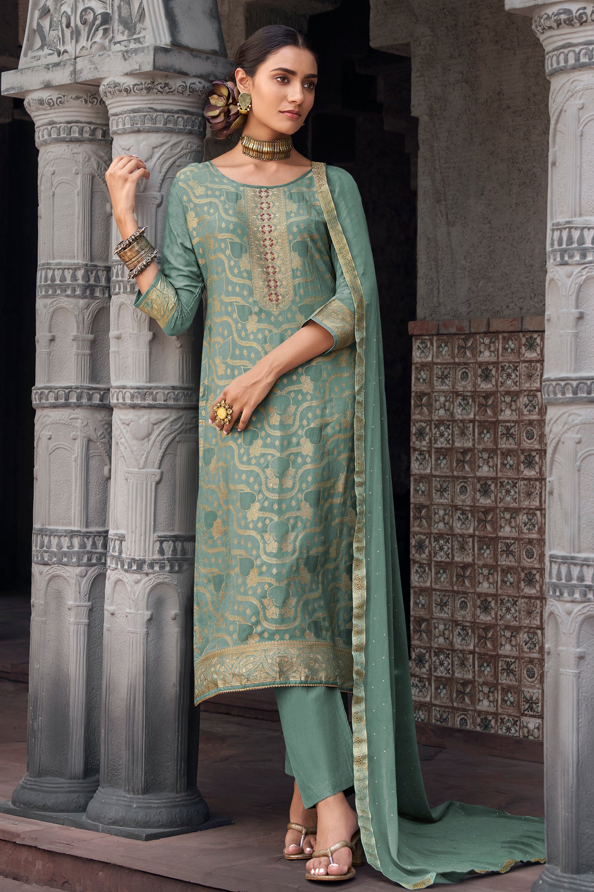 women salwar kurta sky blue front view with dupatta