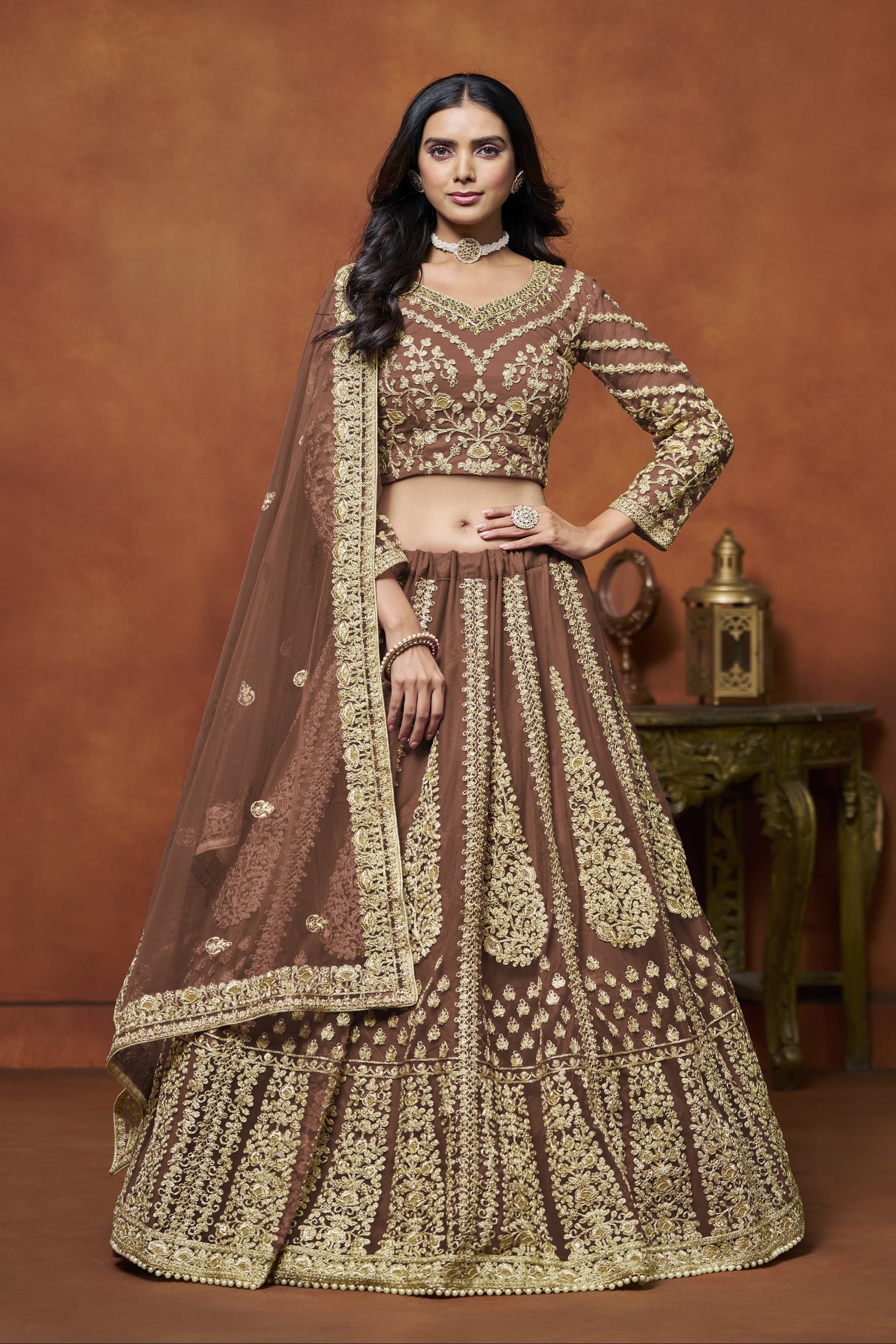 Brown Lehenga for Diwali â€“ Bright and bold, perfect for lighting up the night. 